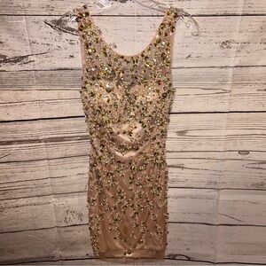Jovani Embellished Mini Dress in Gold and Cream